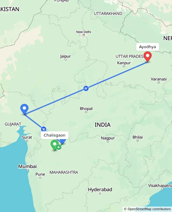Route map showing distance and travel time from Chalisgaon, India to Ayodhya, India
