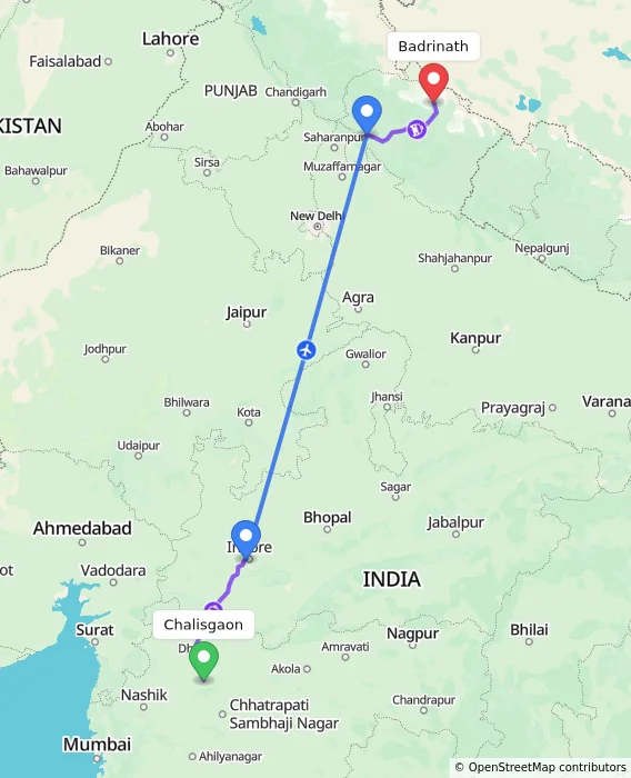 Route map showing distance and travel time from Chalisgaon, India to Badrinath, India