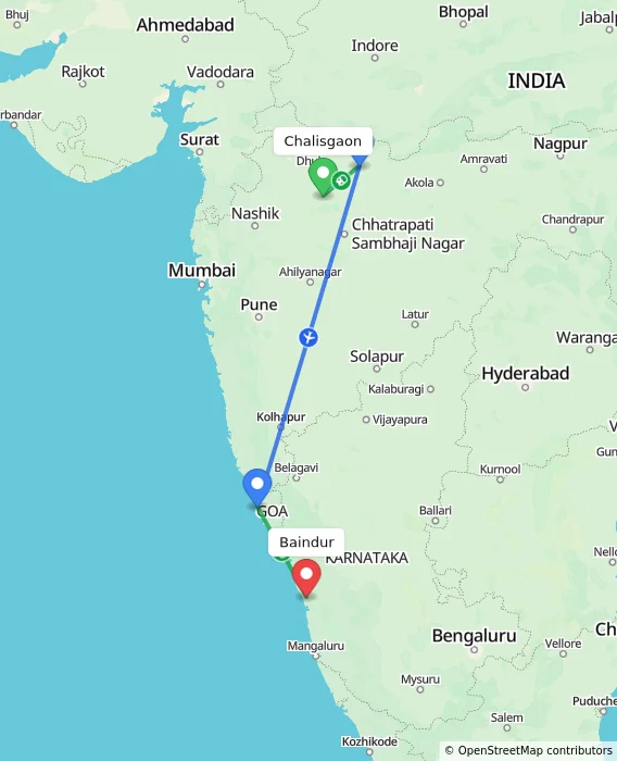 Route map showing distance and travel time from Chalisgaon, India to Baindur, India