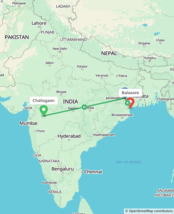 Route map showing distance and travel time from Chalisgaon, India to Balasore, India