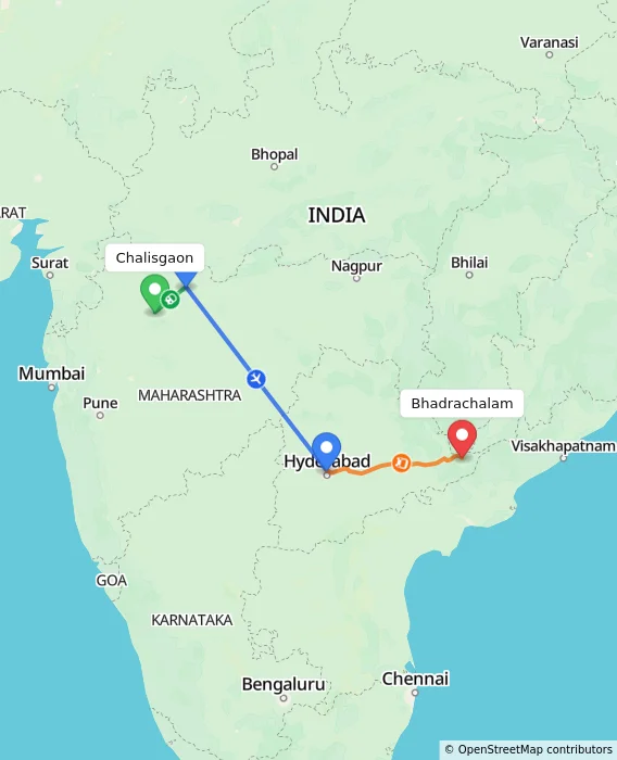 Route map showing distance and travel time from Chalisgaon, India to Bhadrachalam, India