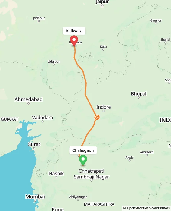 Route map showing distance and travel time from Chalisgaon, India to Bhilwara, India