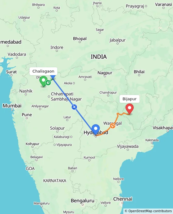 Route map showing distance and travel time from Chalisgaon, India to Bijapur, India