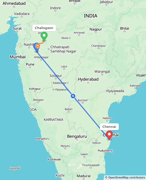Route map showing distance and travel time from Chalisgaon, India to Chennai, India
