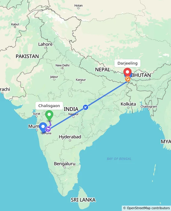 Route map showing distance and travel time from Chalisgaon, India to Darjeeling, India