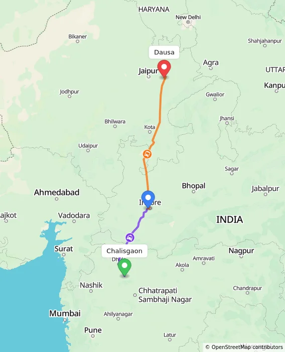 Route map showing distance and travel time from Chalisgaon, India to Dausa, India