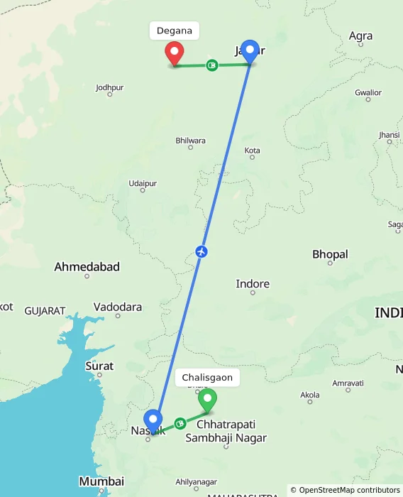 Route map showing distance and travel time from Chalisgaon, India to Degana, India