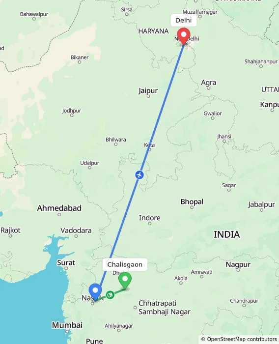 Route map showing distance and travel time from Chalisgaon, India to Delhi, India