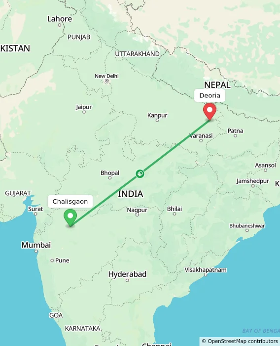Route map showing distance and travel time from Chalisgaon, India to Deoria, India