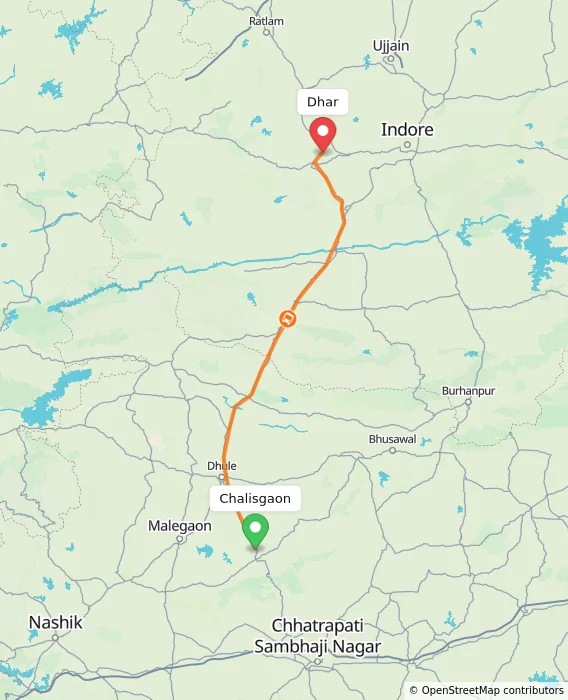 Route map showing distance and travel time from Chalisgaon, India to Dhar, India