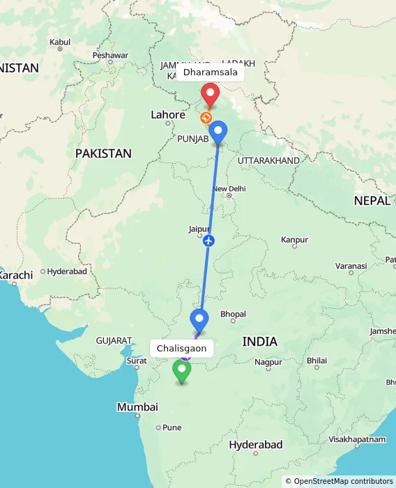 Route map showing distance and travel time from Chalisgaon, India to Dharamsala, India