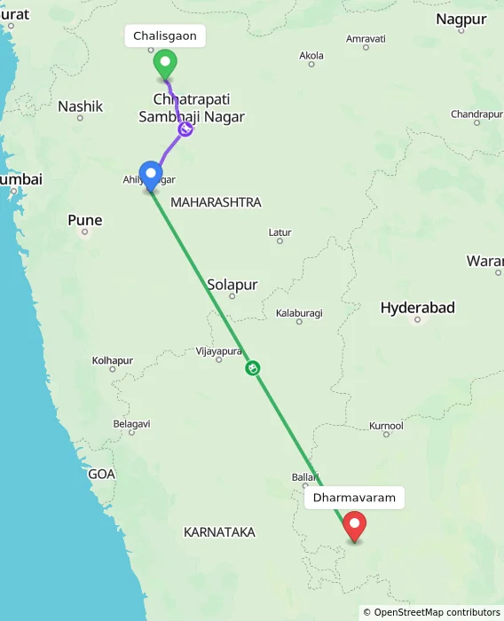 Route map showing distance and travel time from Chalisgaon, India to Dharmavaram, India