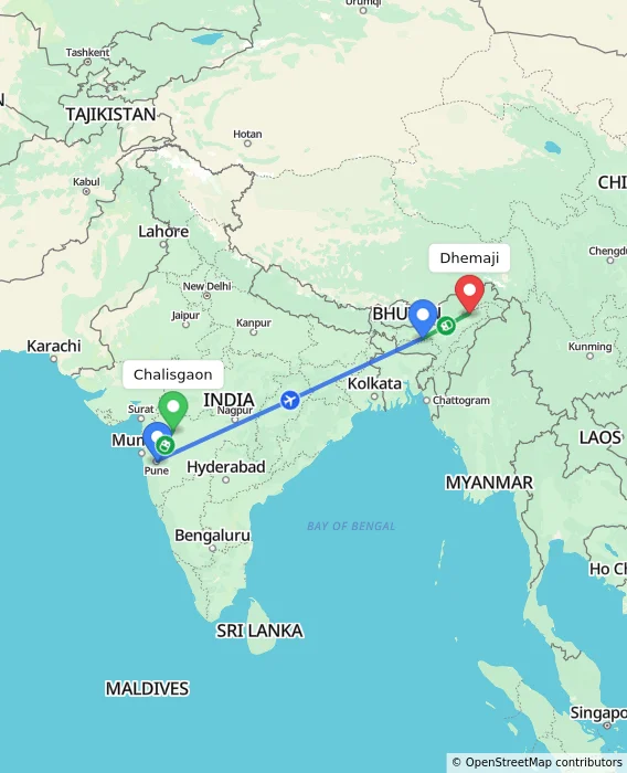 Route map showing distance and travel time from Chalisgaon, India to Dhemaji, India