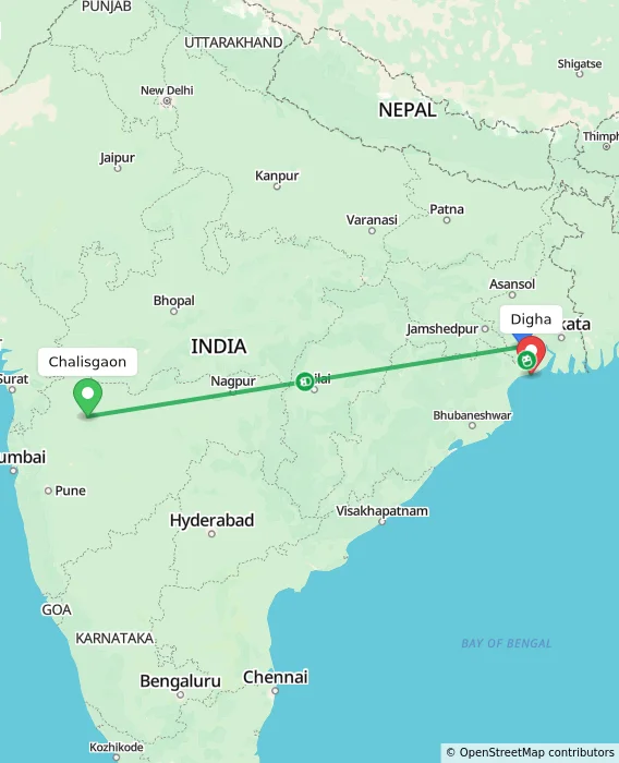Route map showing distance and travel time from Chalisgaon, India to Digha, India