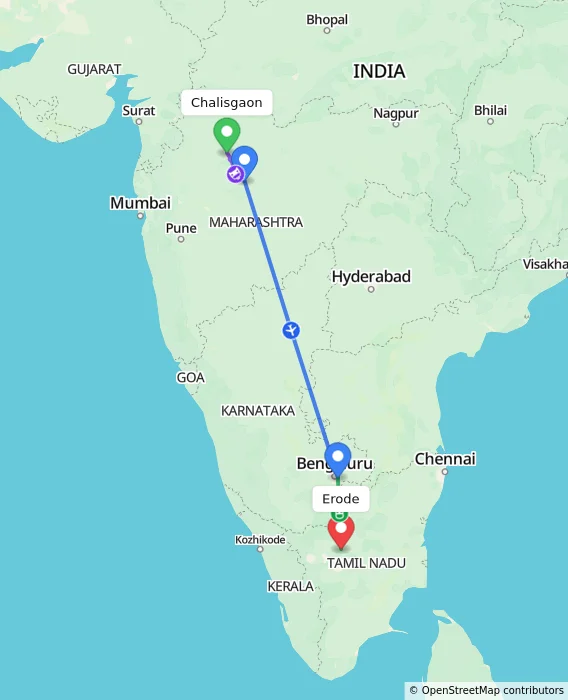 Route map showing distance and travel time from Chalisgaon, India to Erode, India