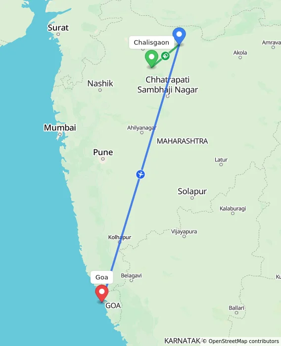 Route map showing distance and travel time from Chalisgaon, India to Goa, India