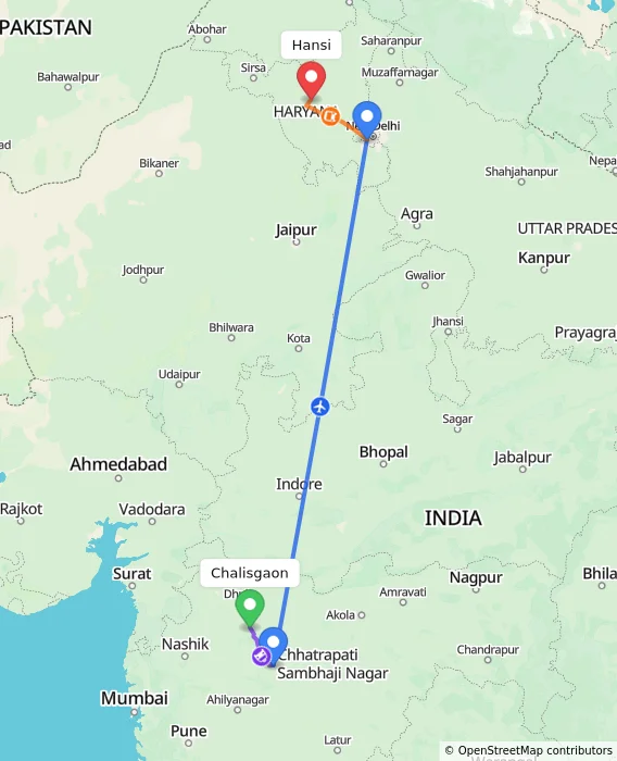 Route map showing distance and travel time from Chalisgaon, India to Hansi, India