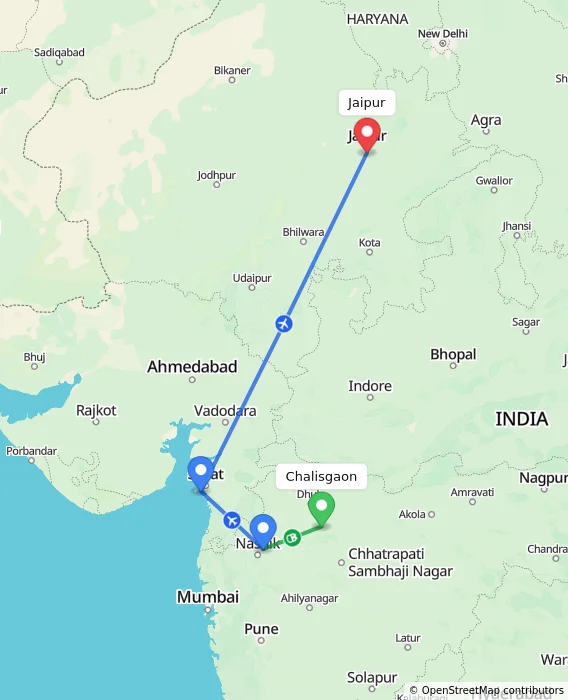 Route map showing distance and travel time from Chalisgaon, India to Jaipur, India