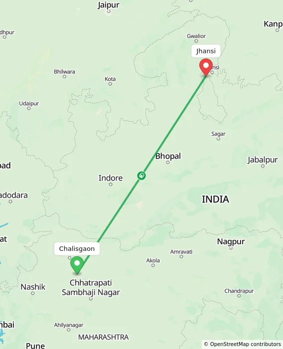 Route map showing distance and travel time from Chalisgaon, India to Jhansi, India