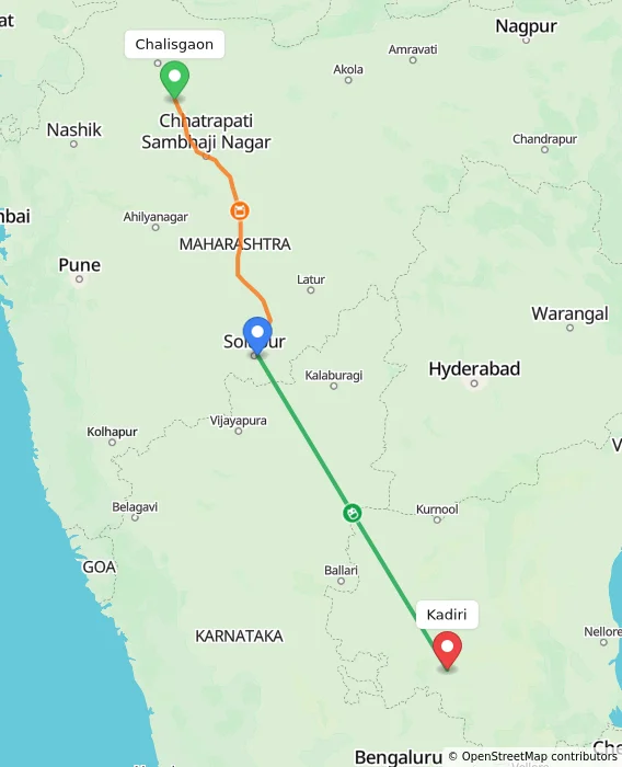 Route map showing distance and travel time from Chalisgaon, India to Kadiri, India