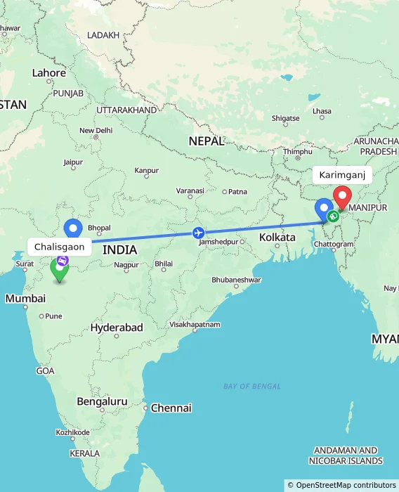 Route map showing distance and travel time from Chalisgaon, India to Karimganj, India