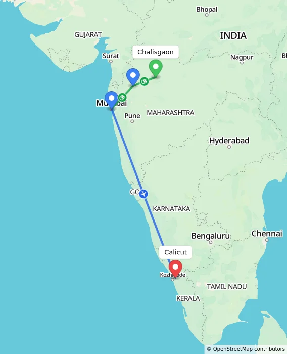 Route map showing distance and travel time from Chalisgaon, India to Kozhikode, India