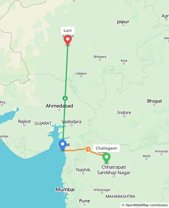 Route map showing distance and travel time from Chalisgaon, India to Luni, India