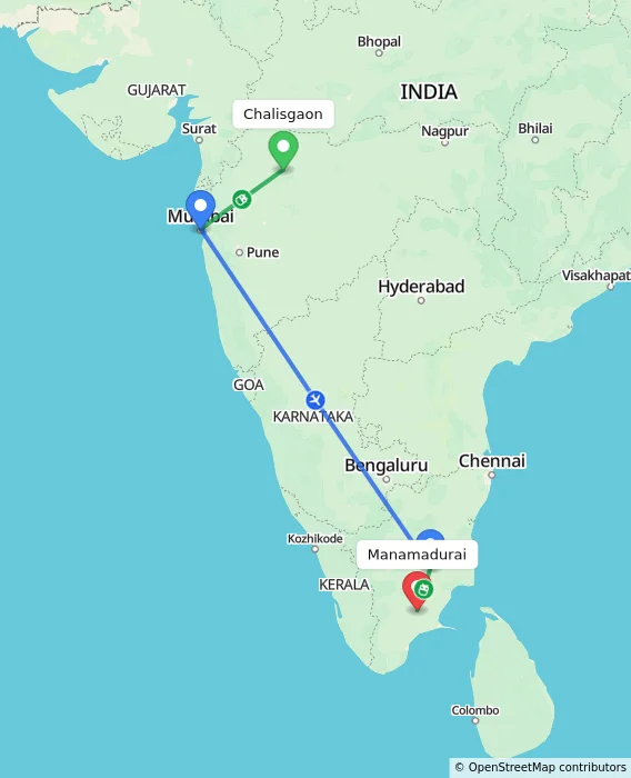 Route map showing distance and travel time from Chalisgaon, India to Manamadurai, India