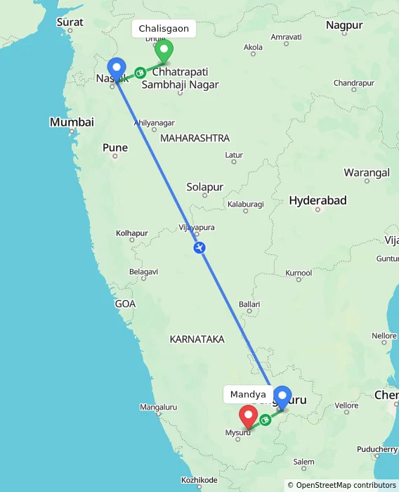 Route map showing distance and travel time from Chalisgaon, India to Mandya, India