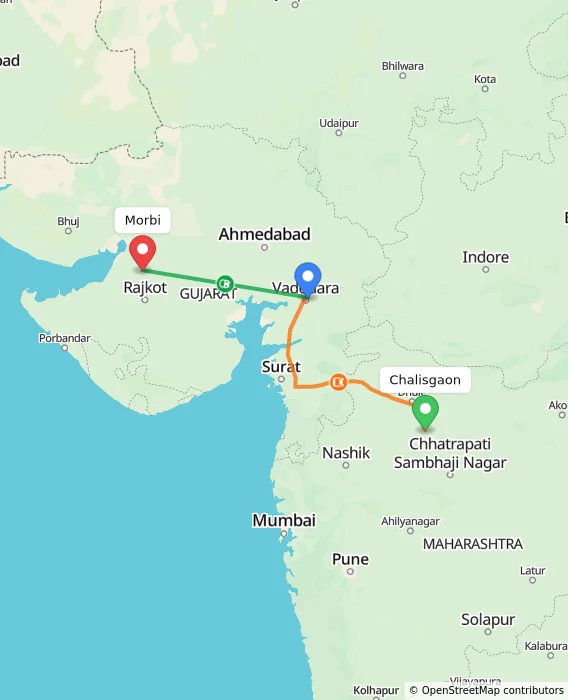 Route map showing distance and travel time from Chalisgaon, India to Morbi, India