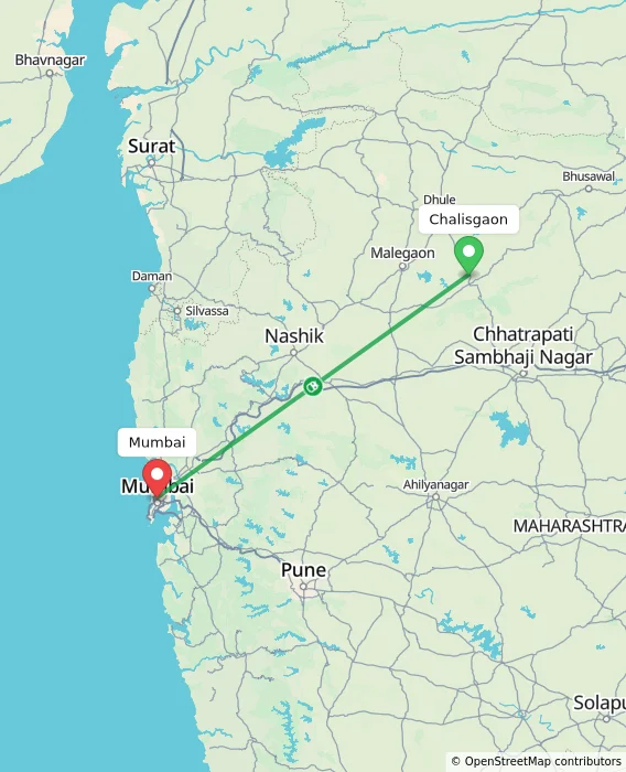 Route map showing distance and travel time from Chalisgaon, India to Mumbai, India