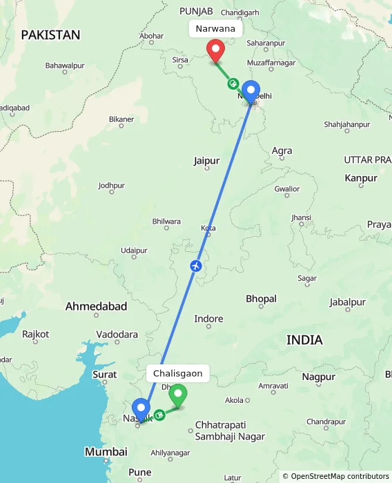 Route map showing distance and travel time from Chalisgaon, India to Narwana, India