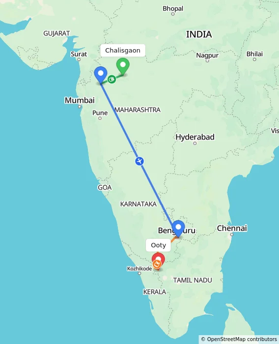 Route map showing distance and travel time from Chalisgaon, India to Ooty, India