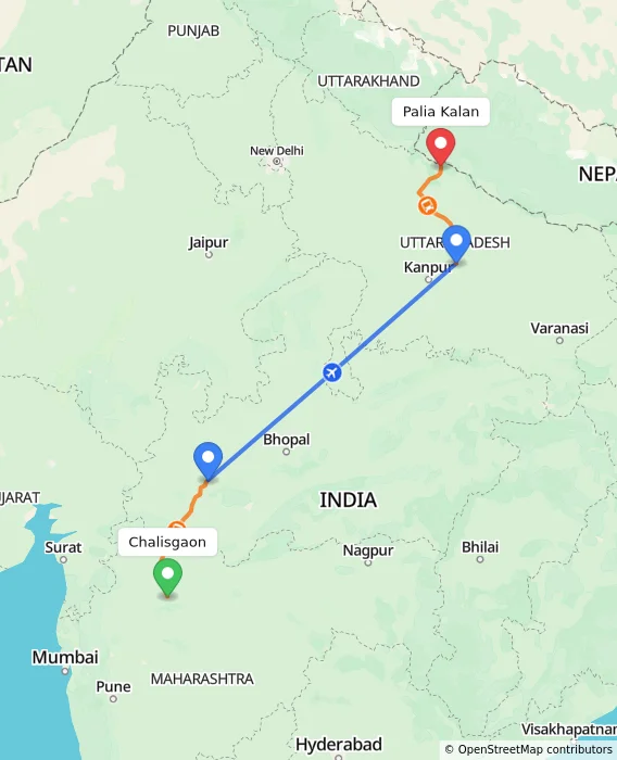 Route map showing distance and travel time from Chalisgaon, India to Palia Kalan, India