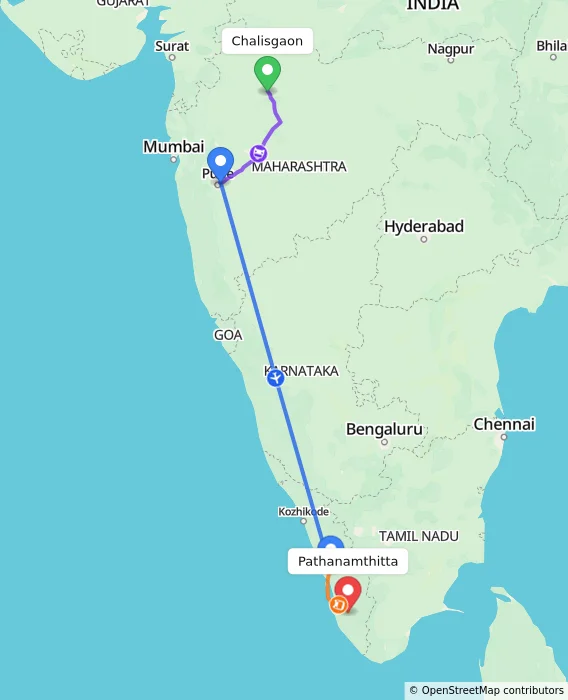 Route map showing distance and travel time from Chalisgaon, India to Pathanamthitta, India
