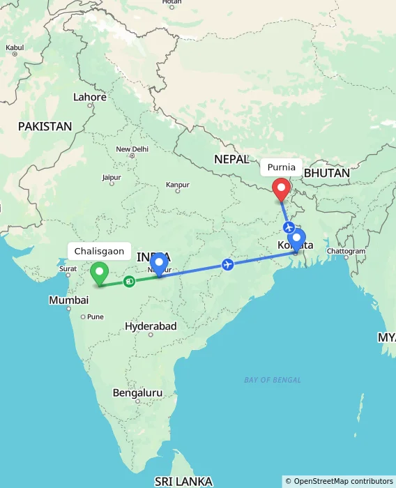 Route map showing distance and travel time from Chalisgaon, India to Purnia, India