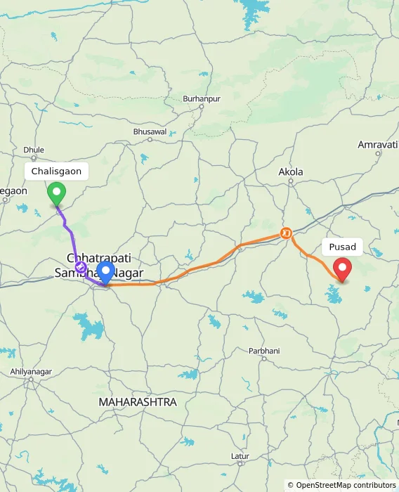 Route map showing distance and travel time from Chalisgaon, India to Pusad, India