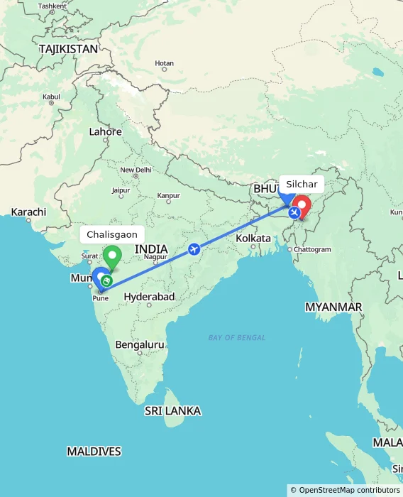 Route map showing distance and travel time from Chalisgaon, India to Silchar, India