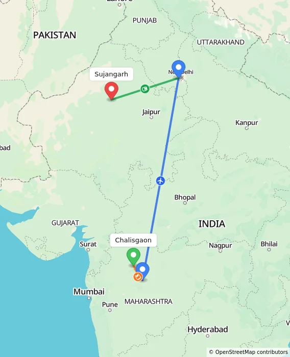 Route map showing distance and travel time from Chalisgaon, India to Sujangarh, India
