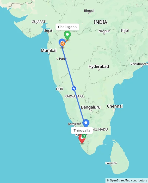 Route map showing distance and travel time from Chalisgaon, India to Thiruvalla, India