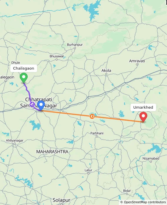 Route map showing distance and travel time from Chalisgaon, India to Umarkhed, India