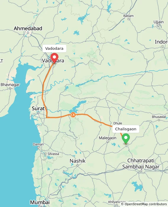 Route map showing distance and travel time from Chalisgaon, India to Vadodara, India