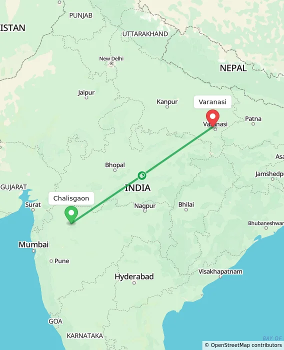 Route map showing distance and travel time from Chalisgaon, India to Varanasi, India