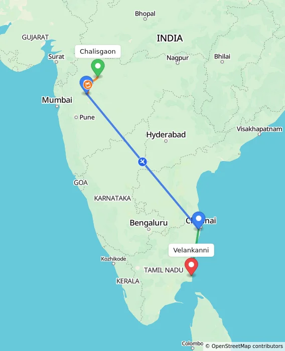 Route map showing distance and travel time from Chalisgaon, India to Velankanni, India