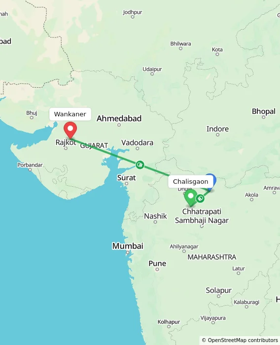 Route map showing distance and travel time from Chalisgaon, India to Wankaner, India