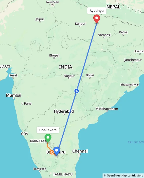 Route map showing distance and travel time from Challakere, India to Ayodhya, India
