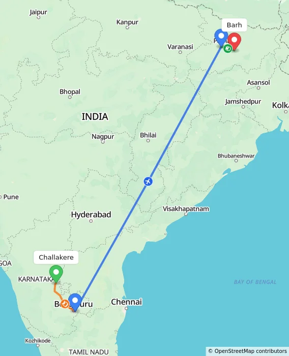 Route map showing distance and travel time from Challakere, India to Barh, India