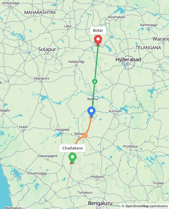 Route map showing distance and travel time from Challakere, India to Bidar, India