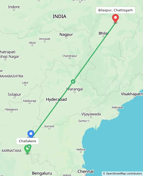 Route map showing distance and travel time from Challakere, India to Bilaspur, Chattisgarh, India