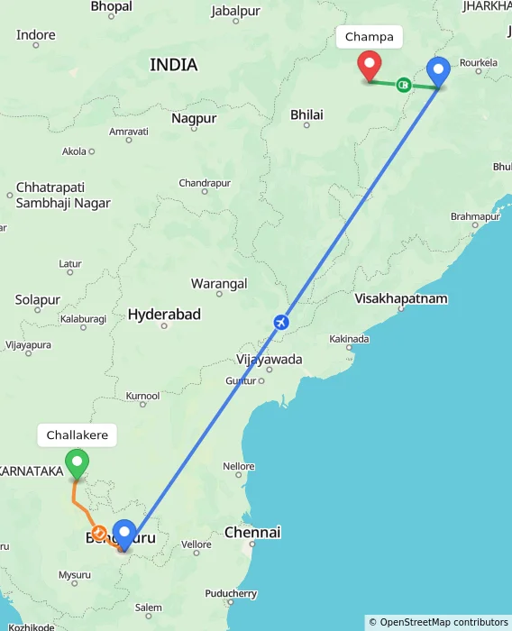 Route map showing distance and travel time from Challakere, India to Champa, India